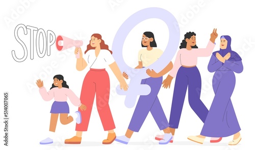  Flat vector illustration with group of women of different nationalities advocating for women's rights. Concept of international women's day.