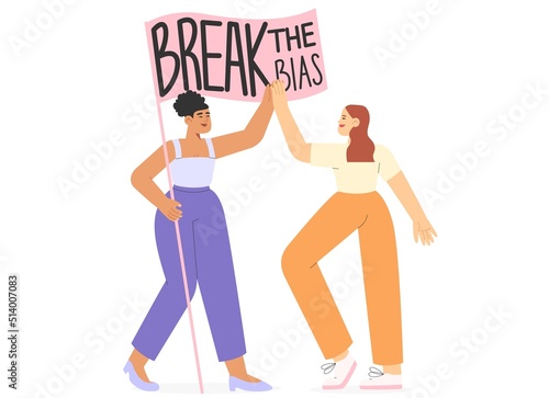 Flat vector illustration with group of women of different nationalities advocating for women's rights. Concept of international women's day.