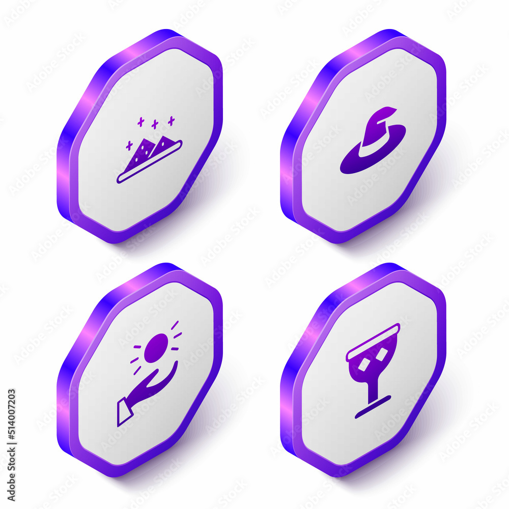 Set Isometric Magic powder, Witch hat, Ball levitating above hand and Medieval goblet icon. Purple hexagon button. Vector Set Isometric Magic powder, Witch hat, Ball levitating above hand and Medieval goblet icon. Purple hexagon button. Vector