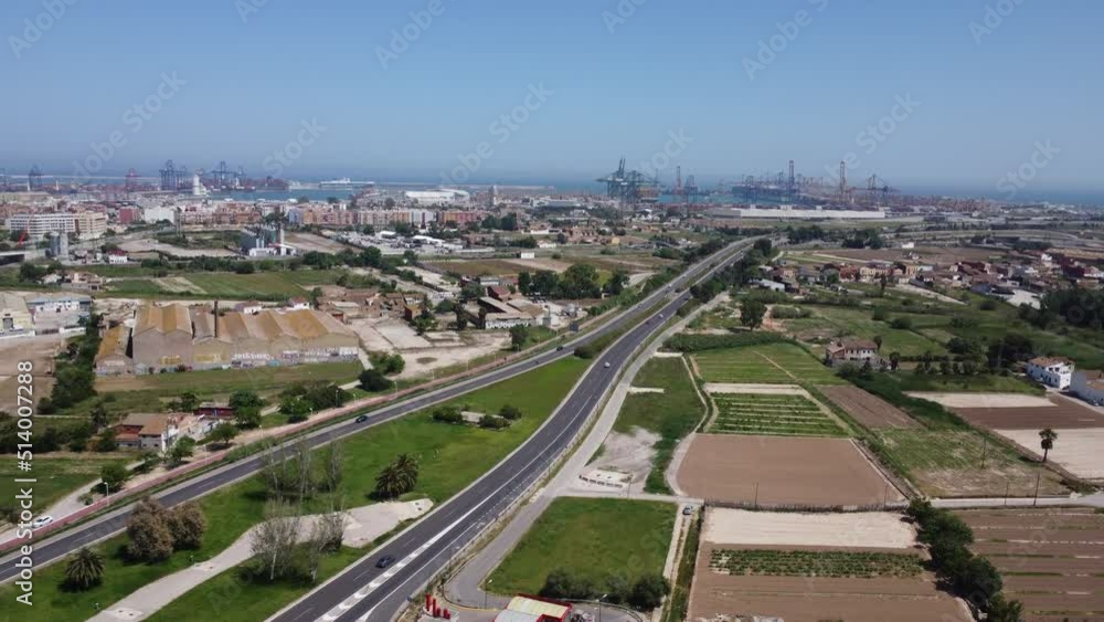 Drone View of a Highway Leading to a Port in Valencia Drone View of a Highway Leading to a Port in Valencia