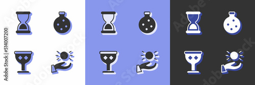 Set Ball levitating above hand, Old hourglass, Medieval goblet and Bottle with potion icon. Vector