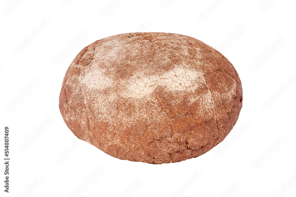 Round loaf of brown bread isolated on a white background. Homemade freshly baked baking. Round loaf of brown bread isolated on a white background. Homemade freshly baked baking.