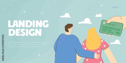 Tiny male character hugging his wife and looking at hand with credit card. Couple getting credit card flat vector illustration. Payment methods concept for banner, website design or landing web page