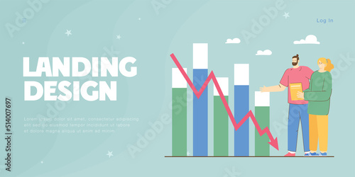 Sad business people looking at financial bar graph going down. Down arrow, profit loss flat vector illustration. Finances, economy, crisis concept for banner, website design or landing web page