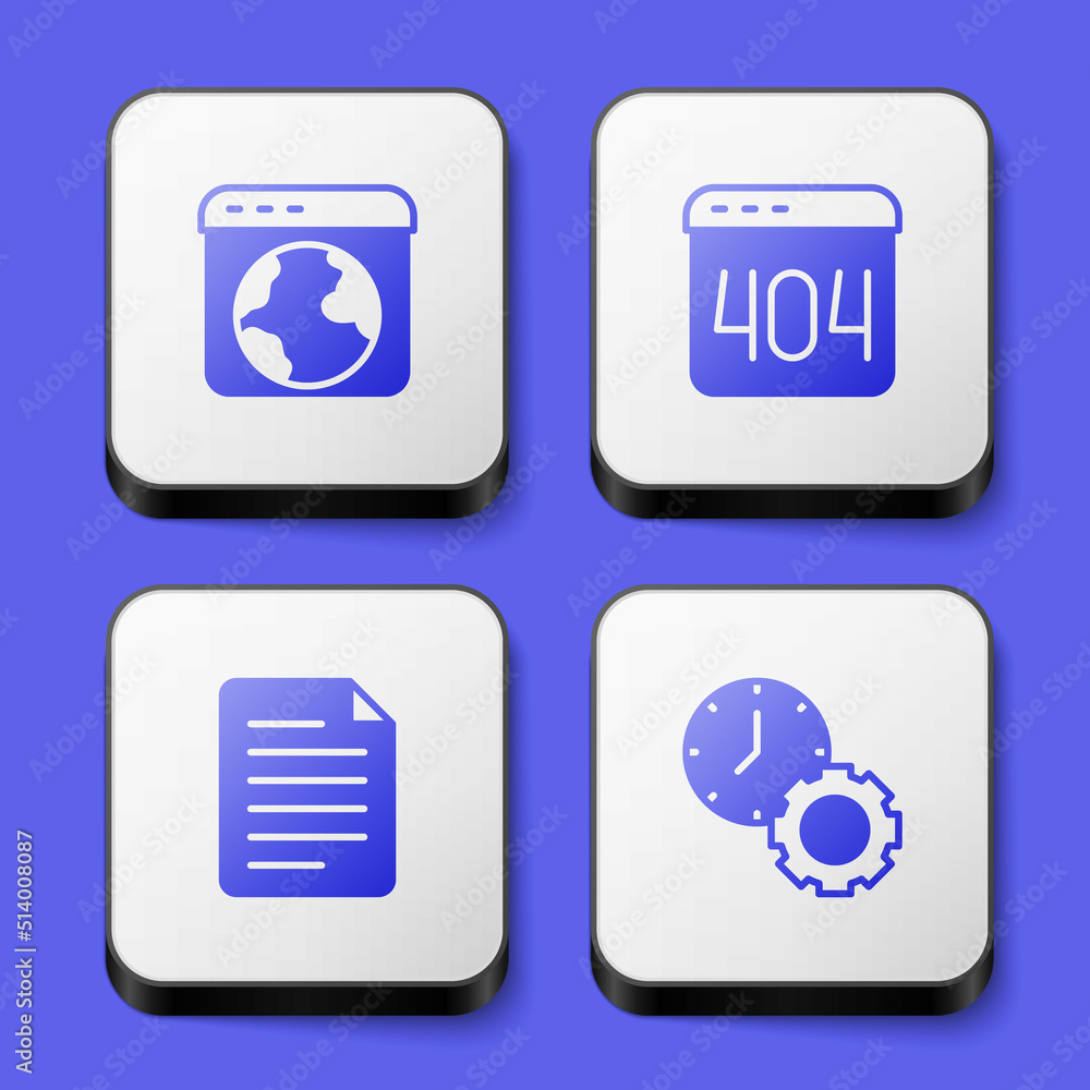 Set Worldwide, Page with a 404 error, File document and Time management icon. White square button. Vector Set Worldwide, Page with a 404 error, File document and Time management icon. White square button. Vector