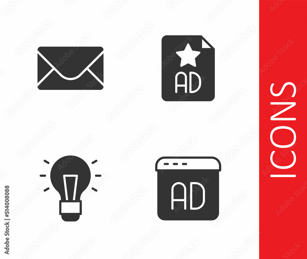 Set Advertising, Mail and e-mail, Light bulb and icon. Vector Set Advertising, Mail and e-mail, Light bulb and icon. Vector