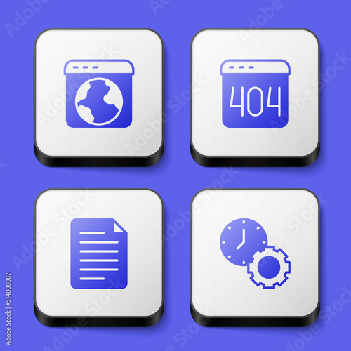 Set Worldwide, Page with a 404 error, File document and Time management icon. White square button. Vector