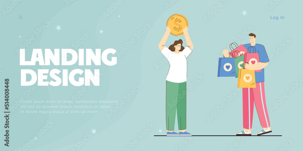 Tiny woman paying for shopping bags with gifts. Man holding packages, girl with money coin flat vector illustration. Fast delivery of presents concept for banner, website design or landing web page
