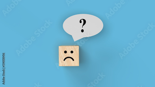 A wooden cube with a sad face and a question mark thought in his head. People who keep their thoughts can't figure it out.