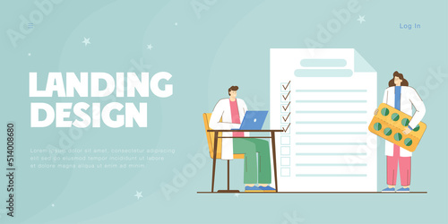 Tiny medical workers with checklist in background. Doctors running medication test using to-do list flat vector illustration. Healthcare concept for banner, website design or landing web page