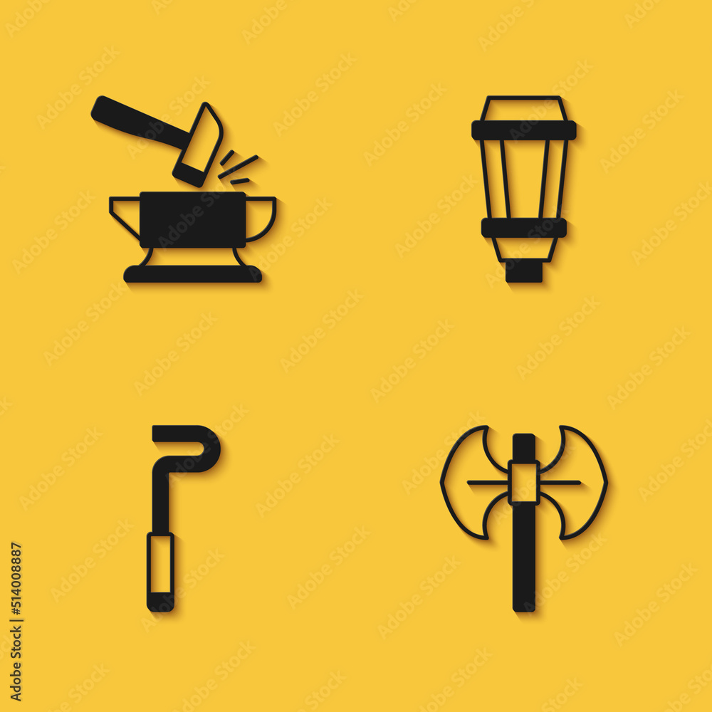 Set Anvil and hammer, Medieval poleaxe, Fire poker and Garden light lamp icon with long shadow. Vector Set Anvil and hammer, Medieval poleaxe, Fire poker and Garden light lamp icon with long shadow. Vector