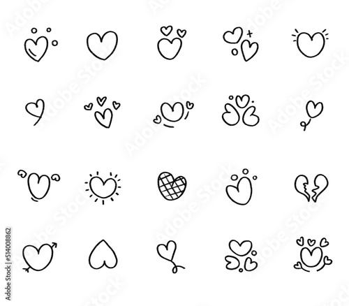 Set of hearts icons hand drawn in pencil.