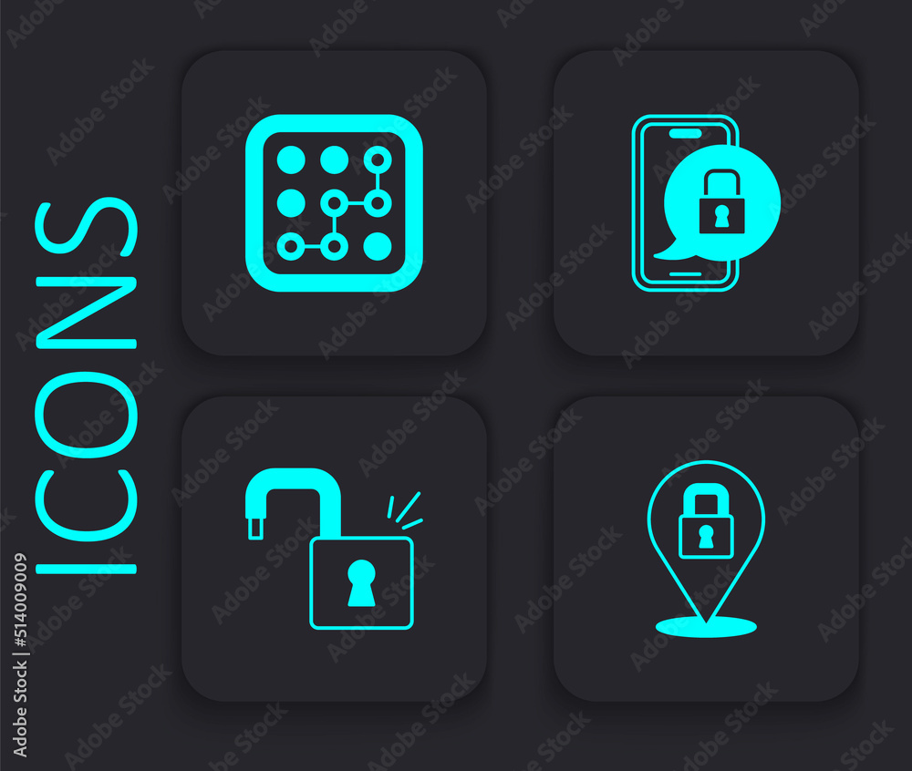 Set Lock, Graphic password protection, Mobile with closed padlock and Open icon. Black square button. Vector Set Lock, Graphic password protection, Mobile with closed padlock and Open icon. Black square button. Vector