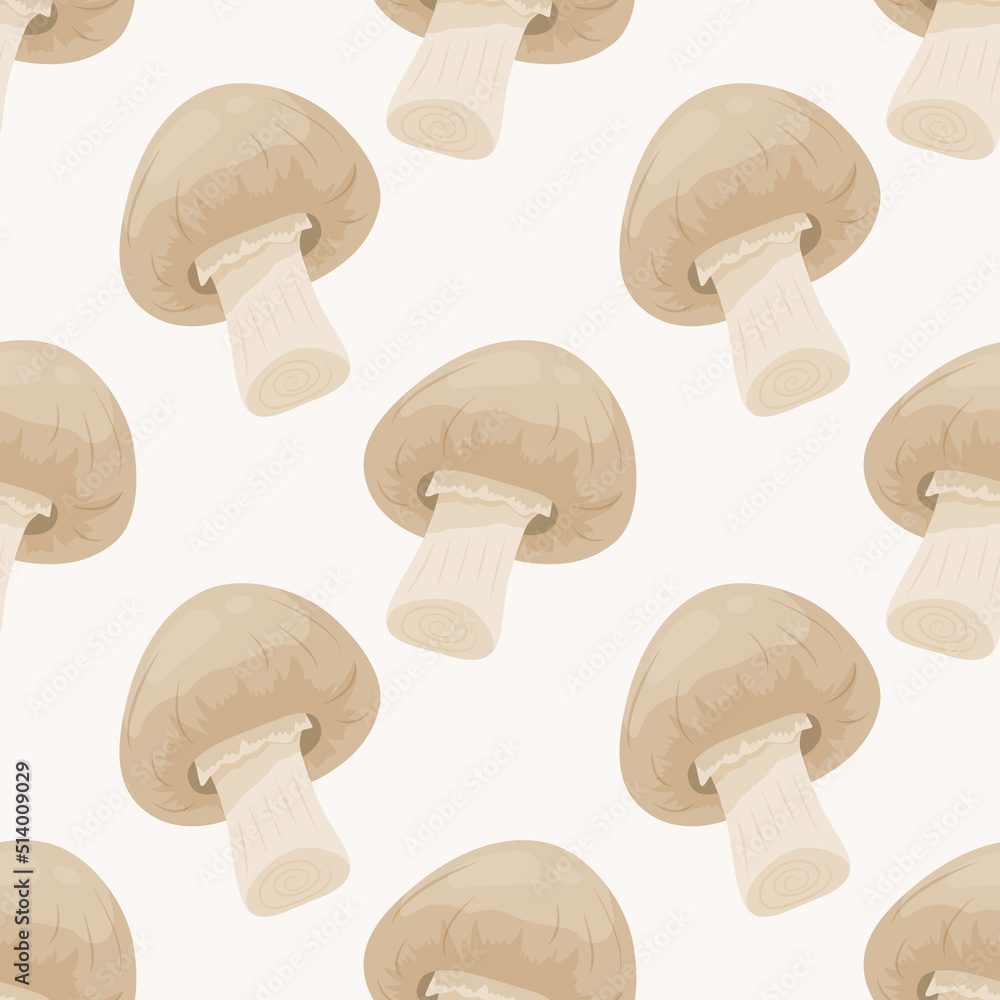Vector Seamless Pattern with Champignon Mushroom on White. Seamless Texture, Hand Drawn Cartoon Champignon Mushrooms. Design Template for Textile, Wallpaper, Print