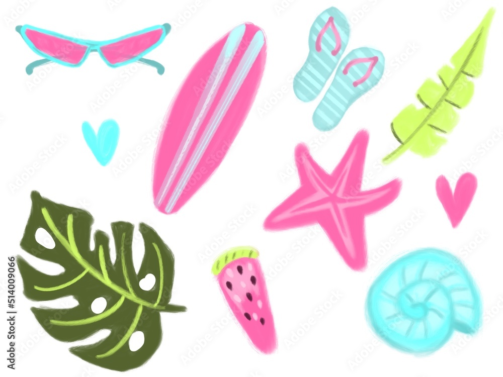 Summer Collection of beach elements hand-drawn in watercolor. Surfboard, sun glasses, monstera leaf. Summer Collection of beach elements hand-drawn in watercolor. Surfboard, sun glasses, monstera leaf.