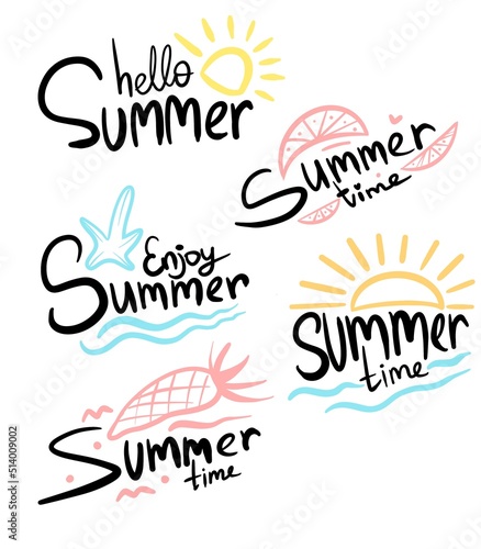 Set of Summer labels  logos  hand drawn tags and elements for summer holiday  travel  beach vacation  sun.