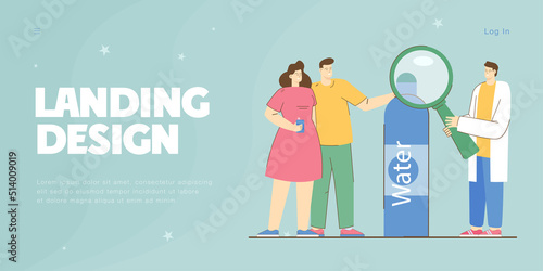 Tiny people drinking water and man with magnifier looking at bottle. People testing water quality flat vector illustration. Healthy lifestyle concept for banner, website design, landing web page
