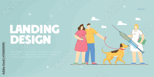Tiny dog owners having appointment with vet. Veterinarian holding medical syringe for pet vaccination flat vector illustration. Pet care concept for banner, website design or landing web page