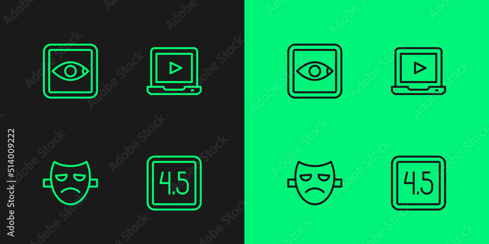 Set line Rating movie, Drama theatrical mask, and Online play video icon. Vector