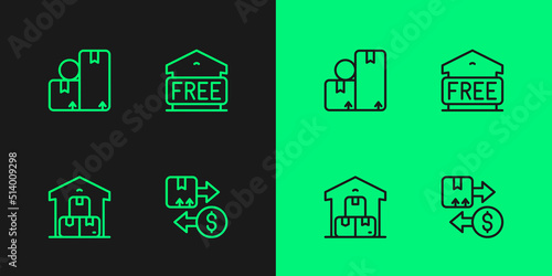 Set line Tax cardboard box, Full warehouse, Carton and Free storage icon. Vector