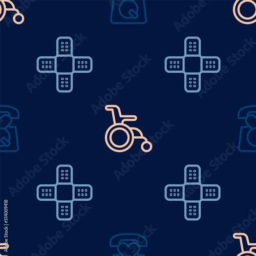 Set line Emergency call 911, Crossed bandage plaster and Wheelchair for disabled person on seamless pattern. Vector