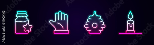 Set line Jar of honey, Beekeeper glove, Hive for bees and Burning candle. Glowing neon icon. Vector