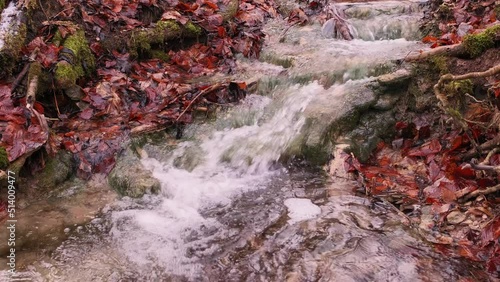 Wonderful fresh water rapids waterfalls river flowing through forest in early sprting photo