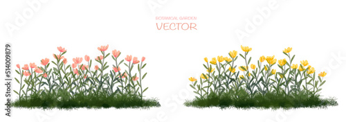 Vector watercolor blooming flower tree side view isolated on white background for landscape and architecture drawing, elements for environment or and garden,botanical elements for section 