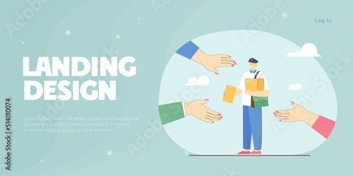 Postman with box and envelope in center surrounded by hands stretching to him. People waiting for mail flat vector illustration. Delivery service concept for banner, website design or landing web page
