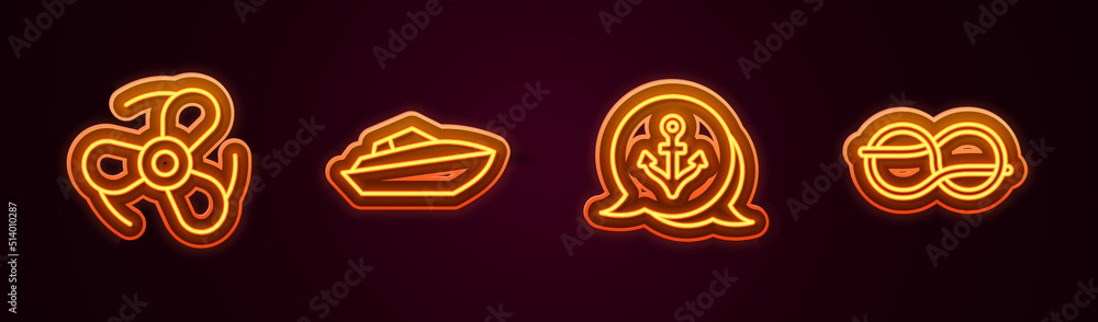 Set line Boat propeller, Speedboat, Anchor and Nautical knots. Glowing neon icon. Vector Set line Boat propeller, Speedboat, Anchor and Nautical knots. Glowing neon icon. Vector