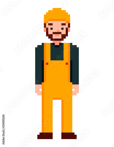 Professional worker in uniform and cap or safety helmet. Pixel art character isolated on white background. Retro vintage video game graphics.