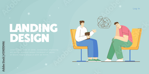 Psychologist sitting in front of patient with mental disorder. Psychiatrist session flat vector illustration. Health care, psychological service concept for banner, website design or landing web page