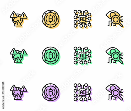 Set line Neural network, Earth with exclamation mark, Cryptocurrency coin Bitcoin and Eye scan icon. Vector