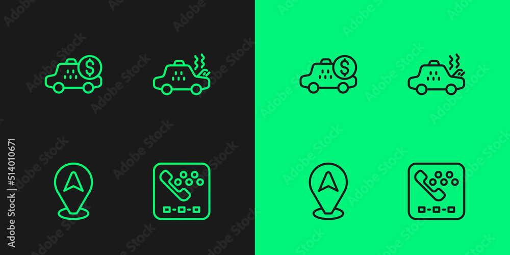 Set line Taxi call telephone service, Location taxi car, Taximeter device and Broken icon. Vector Set line Taxi call telephone service, Location taxi car, Taximeter device and Broken icon. Vector