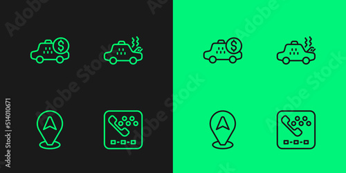 Set line Taxi call telephone service, Location taxi car, Taximeter device and Broken icon. Vector