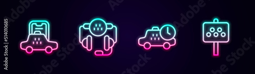 Set line Taxi mobile app, call telephone service, waiting time and Road sign for taxi stand. Glowing neon icon. Vector