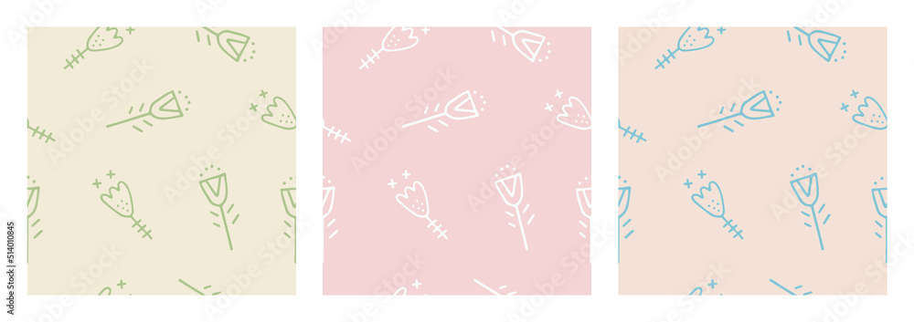 Cute vector patterns with two abstract flowers in Scandinavian style. A pleasant pastel background for textiles, fabrics, clothes, decor, kitchen, interior, children, holiday cards and wrappers