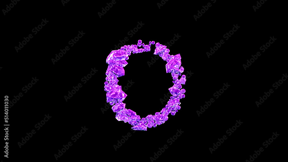 letter O made of purple glamour gems or symbol on black, isolated - object 3D rendering