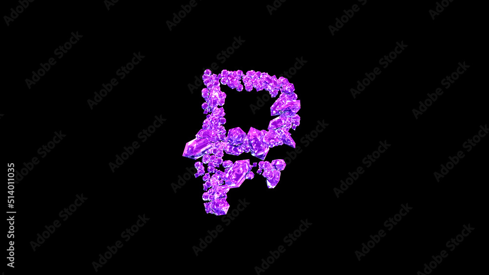 rouble sign made of purple fashion diamonds or symbol on black, isolated - object 3D illustration