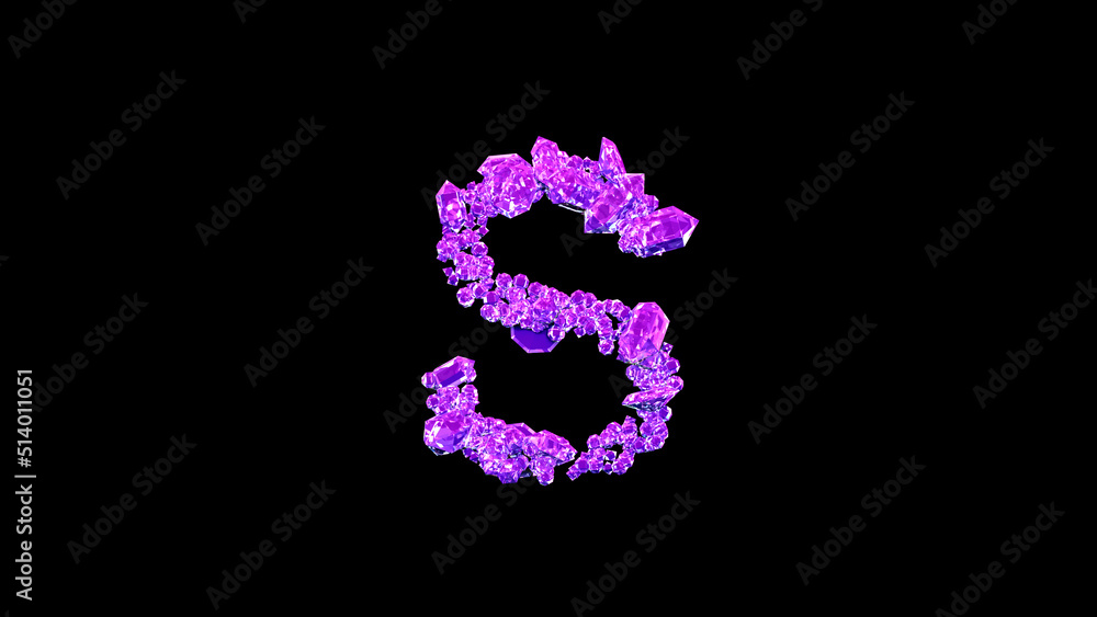 letter S made of purple luxury brilliants or symbol on black, isolated - object 3D illustration