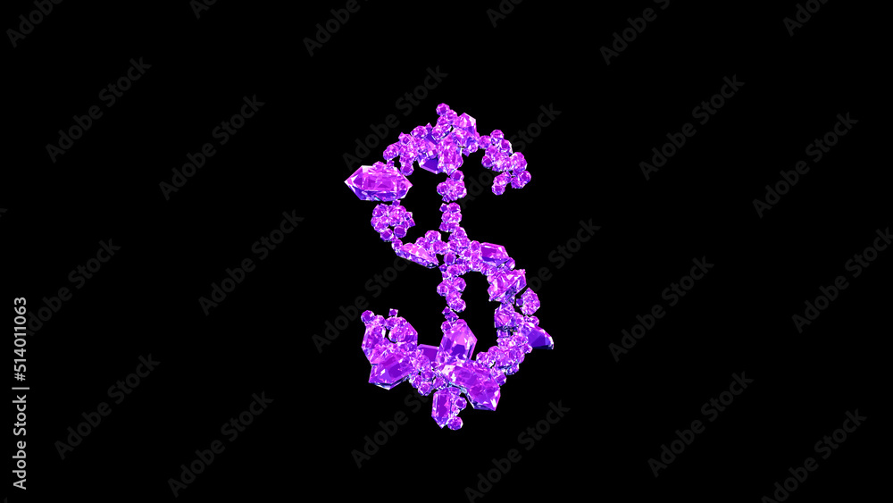 dollar - peso sign made of pink lux gems or symbol on black, isolated - object 3D rendering
