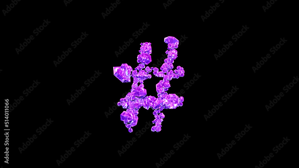 number sign made of pink glamorous gems or symbol on black, isolated - object 3D illustration