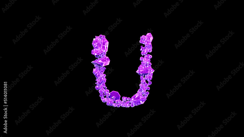 letter U made of pink lux gem stones or symbol on black, isolated - object 3D illustration