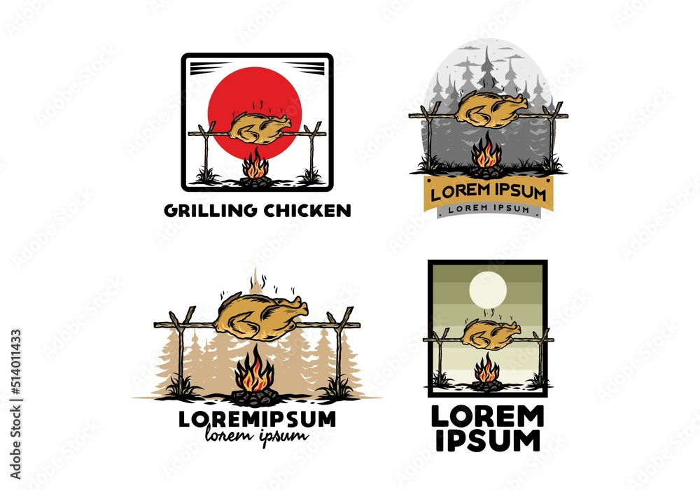 Grilling chicken over bonfire illustration design