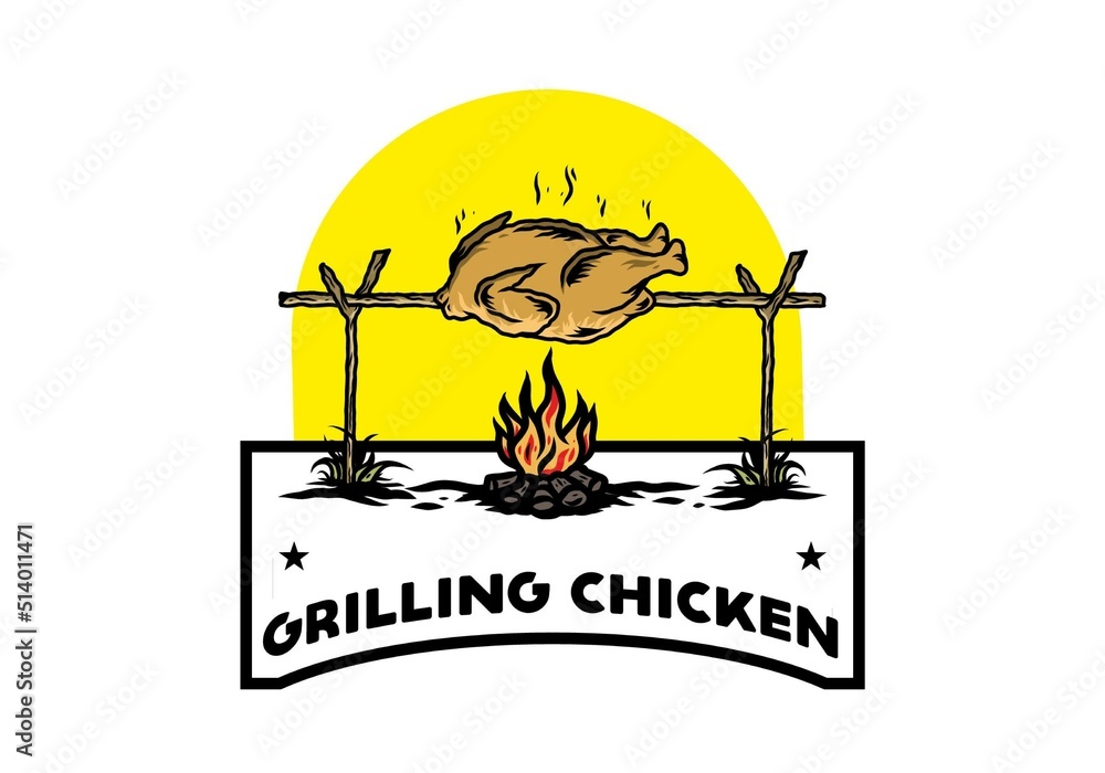 Grilling chicken over bonfire illustration design