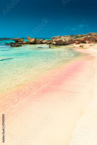 Fototapeta Naklejka Na Ścianę i Meble -  Amazing pink sand beach with crystal clear water in Elafonissi Beach,  Crete, Greece