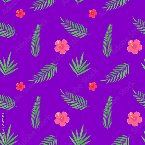 This is a seamless pattern with tropical leaves on a purple background