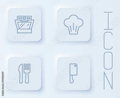 Set line Oven  Chef hat  Crossed knife and fork and Meat chopper. White square button. Vector