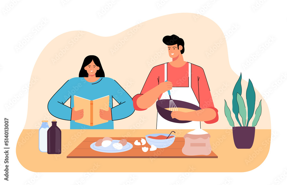Friends or couple making food together in kitchen. Man and woman baking according to recipe book flat vector illustration. Cooking, communication concept for banner, website design or landing web page Friends or couple making food together in kitchen. Man and woman baking according to recipe book flat vector illustration. Cooking, communication concept for banner, website design or landing web page