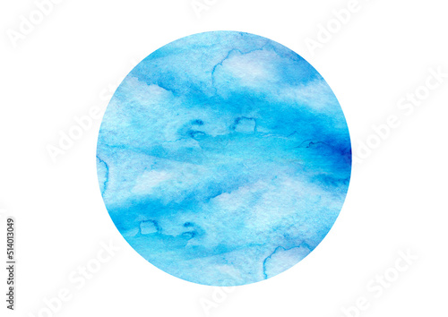 Abstract watercolor blue stain, blot. Blue color on white isolated background. Round shape, for the logo, for your design, postcards and other things. Beautiful art background.Blue sky, wave